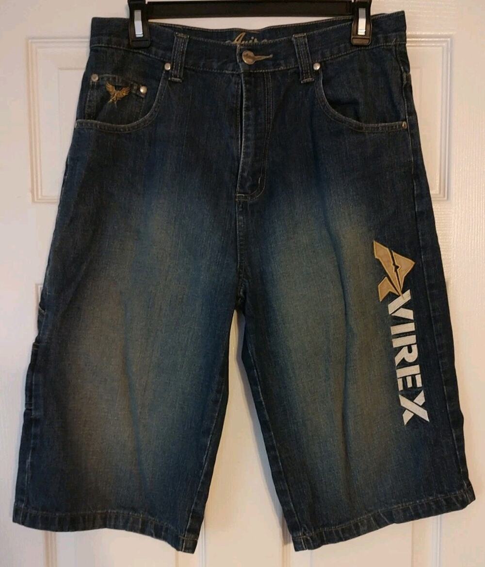 Avirex Shorts Youth Dark Wash Denim Skater Baggy Embroidered Vintage Y2K - 30in